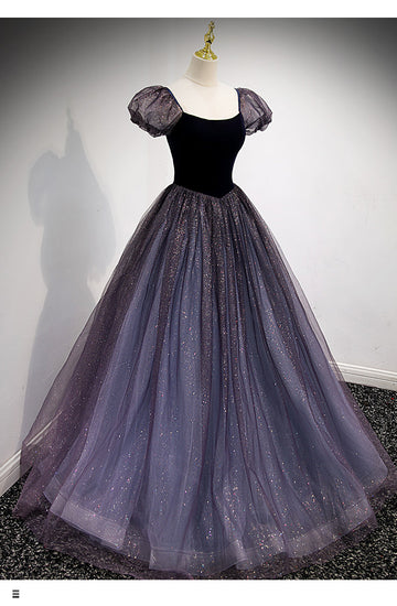 Princess Tulle Short Sleeves Long Prom Dresses HZ1023
